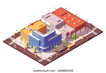 Vector low poly isometric city block with buildings, houses, stores