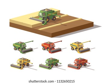 Vector low poly isometric combine harvester set