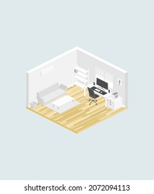 Vector Low Poly Isometric Home Office Cutaway Icon. Room Includes Sofa, Coffee Table, Personal Computer And Other Furniture. Background, Interior Vector.