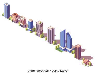 Vector low poly isometric modern city buildings, houses and stores set