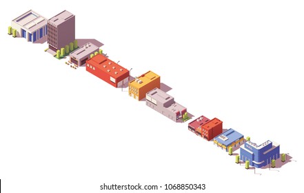 Vektorgrafik-Low-Poly-Isometrien-Gebäude, Häuser und Geschäfte der modernen Stadt
