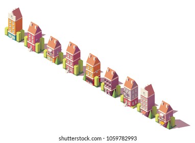 Vector low poly isometric old city buildings, houses and stores set