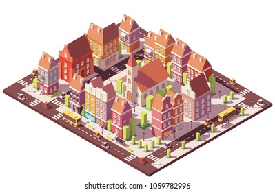 Vector de baja poly centro histórico isométrico con edificios, casas, tiendas e iglesia