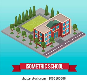 Vector low poly isometric school or university. Vector isometric icon or infographic element representing a education and study related building with stadium. Detailed street with school and