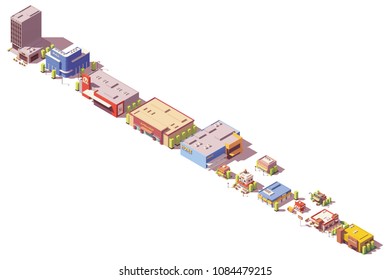 Vector low poly isometric shop, supermarket, cafe, stores, restaurants and other retail related buildings