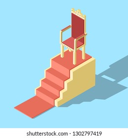 Vector low poly isometric stand with steps and red king throne as a symbol of achievement and success. Without gradients or transparency.