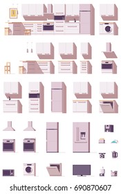 Vector low poly kitchen equipment and furniture set