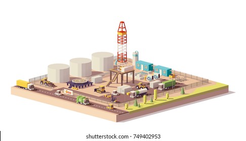 Vector low poly land oil or gas drilling rig and related machinery and structures