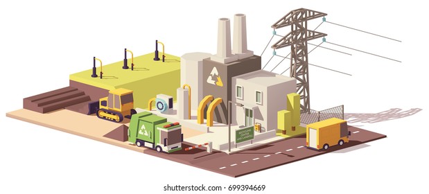 Vector Low Poly Landfill Gas Collection Plant Icon With Power Line, Garbage Truck And Bulldozer Working On Landfill