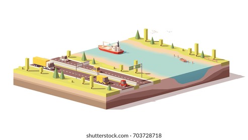 Vector low poly landscape with highway, river, trucks, cars, and ship