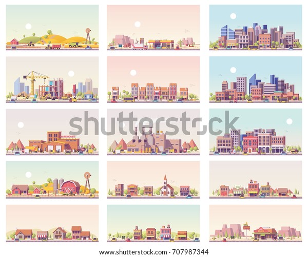Vector low poly landscapes set. Includes city,\
small town, factory, warehouse, countryside, construction site, gas\
station and restaurant