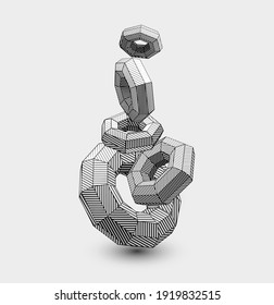  Vector low poly line art 3D torus forms made by grey shades and parallel lines. Abstract geometric decorative art design concept. Cool three dimensional line- art design elements.
