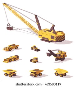 Vector low poly mining machines - excavators, dragline, bulldozers, haul trucks