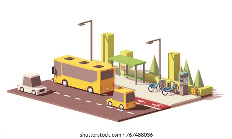 Vector low poly modern urban public transport. Includes bus with bus station, taxi, personal car, bicycle sharing system