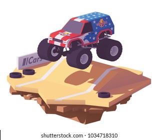 Vector low poly monster truck performing stunts on the arena