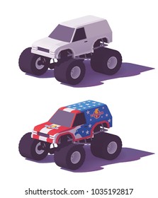 Vector low poly monster truck in different liveries