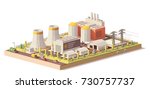 Vector low poly nuclear power plant infrastructure. Includes reactors, cooling towers, power lines and other related structures