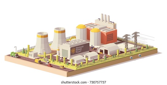 Vector low poly nuclear power plant infrastructure. Includes reactors, cooling towers, power lines and other related structures