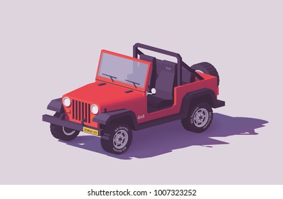 Vector low poly off-road 4x4 SUV car with roof rack and offroading equipment