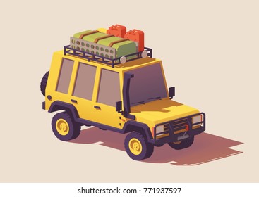 Vector low poly off-road 4x4 SUV car with roof rack and offroading equipment