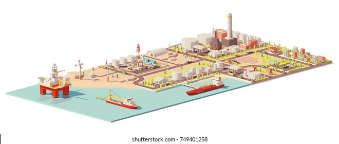 Vector low poly oil extraction, processing, consumption infographic. Includes offshore oilrig, tanker and port, land oil rig, refinery plant, factory, gas station and city