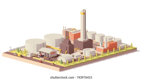 Usina de refinaria de baixo poli vetorial com petroleiros para petróleo bruto, instalações de processamento e tanques de armazenamento de petróleo