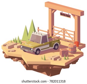 Vector low poly pickup truck near the ranch or farm gate