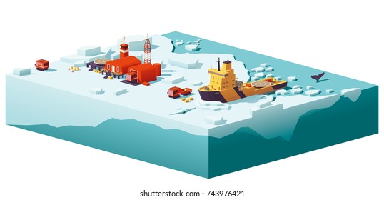 Vector low poly polar station with buildings, meteorological research measurement tower, vehicles, helipad and icebreaker