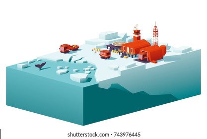 Vector low poly polar station with buildings, meteorological research measurement tower, vehicles and helipad