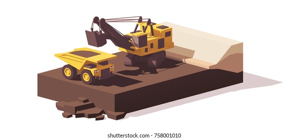 Vector low poly power shovel excavator loading mining haul truck
