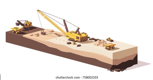 Vektor-Bagger mit Low-Poly-Power, Entwässerungsbagger und Bergbau-Lastkraftwagen für die Steinbrucharbeiten