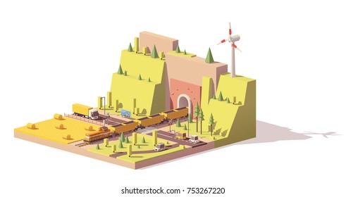 Vector low poly railroad crossing. Includes cargo train with coal hopper cars coming from tunnel, truck, cars, field and windmill