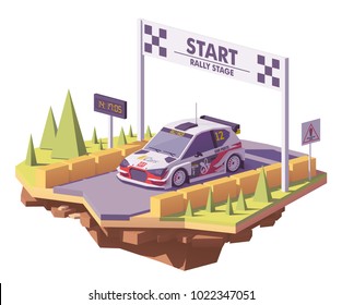 Vector low poly rally racing car in white and red livery on the rally stage start Line