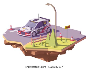 Vector low poly rally racing car in white and red livery on the tarmac rally stage