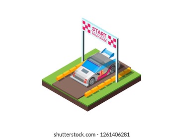Vector low poly rally racing car in white and red livery on the rally stage start Line