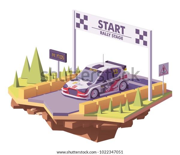 Vector low poly rally racing car in\
white and red livery on the rally stage start\
Line