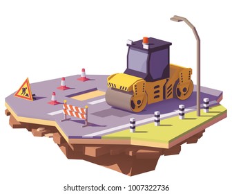 Vector low poly road roller or asphalt compactor with road works signs repairing asphalt potholes on the road surface