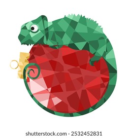 Vector Low Poly salamander and Christmas ball. Geometric Christmas art in modern Low poly style. Abstract lizard isolated transparent background. EPS 10