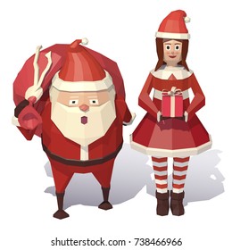 Vector low poly Santa Claus and Christmas girl. Shopping for xmas. Christmas, holidays concept.