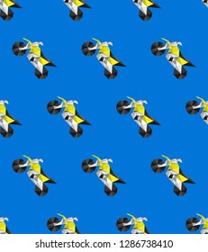 Vector low poly seamless pattern for moto freestyle and races. Yellow motorcycles. Pattern can be used in the wallpaper, shirts, textile, fabric, postcards, tickets, advertisements, banners