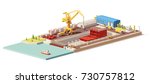 Vector low poly ship construction in dry dock. Includes crane, warehouse, trucks and other infrastructure