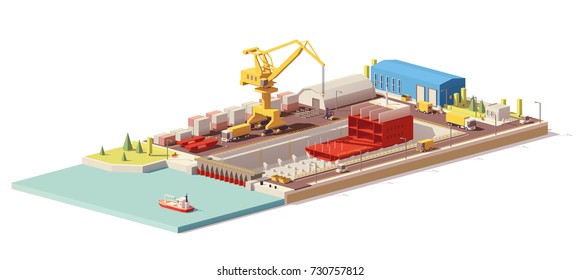 Vector low poly ship construction in dry dock. Includes crane, warehouse, trucks and other infrastructure