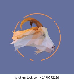 Vector low poly of a sleeping goat, seen from right direction, with blue background and yellow circle stroke decoration