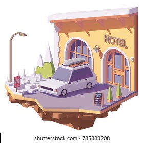 Vector Low Poly Station Wagon Car With Roof Rack Cargo Box Near On The Hotel Parking And Hotel Entrance