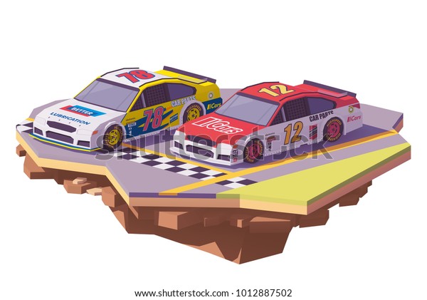 Vector low poly stock car racing\
cars in different liveries on the finish line of the racing\
track