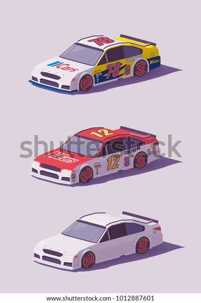 Vector low poly stock car racing cars in
different liveries