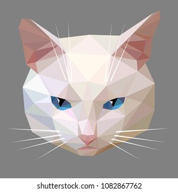 Vector low poly style illustration of a white cat face with blue eyes isolated on a gray background. Polygon graphics.