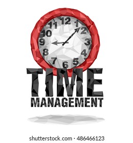 Vector low poly style illustration. Isolated red clock and words: time management.