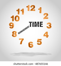 Vector low poly style illustration. Isolated orange numbers of clock and words like arrows: time management.