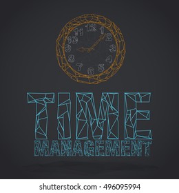 Vector low poly style illustration. Isolated line orange clock and words: time management.